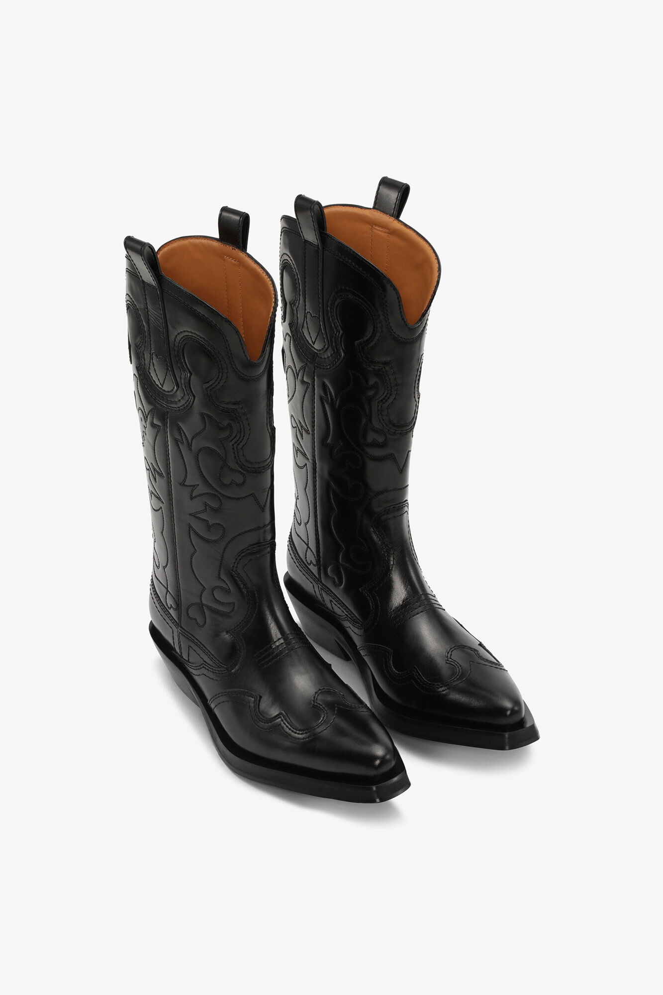 Westernst&oslash;vler med mellemskaft og broderi i sort, Recycled Leather, in colour Black/Black - 2 - GANNI