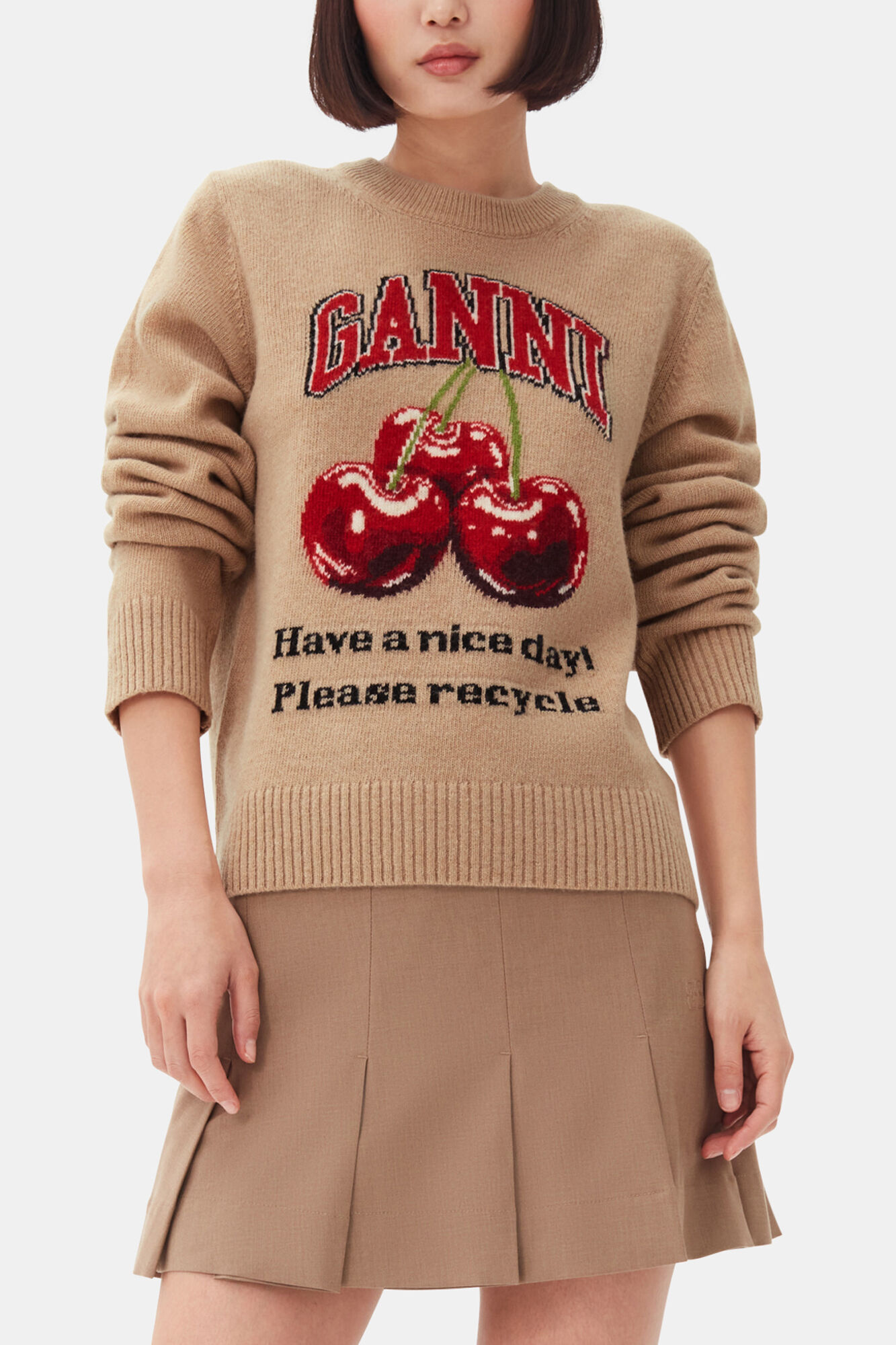 Camel Graphic Cherry Jumper, Wool, in colour Safari - 1 - GANNI