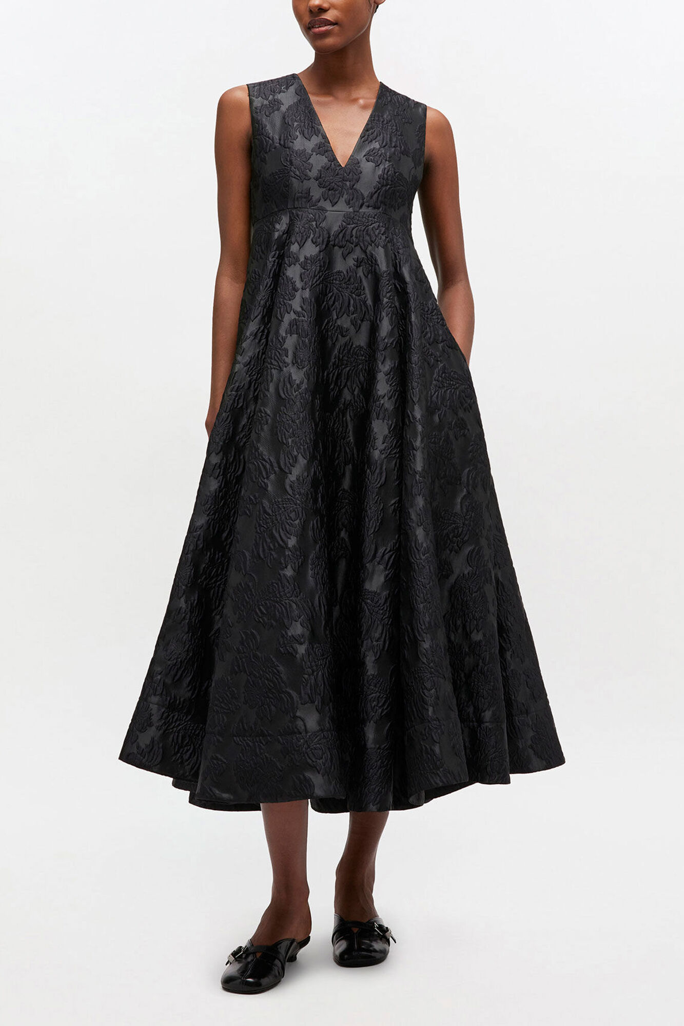 Satin Cloque Long Dress, Recycled Polyester, in colour Black - 1 - GANNI