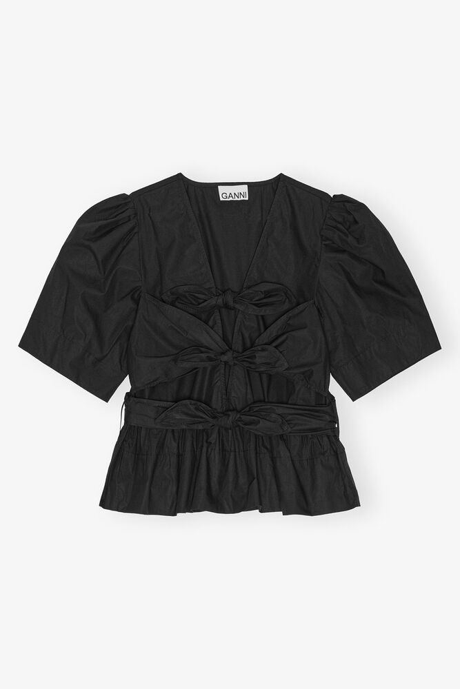 Schwarz gewaschene Bluse mit Bindeb&auml;ndern aus Stretch-Baumwolle, Black
