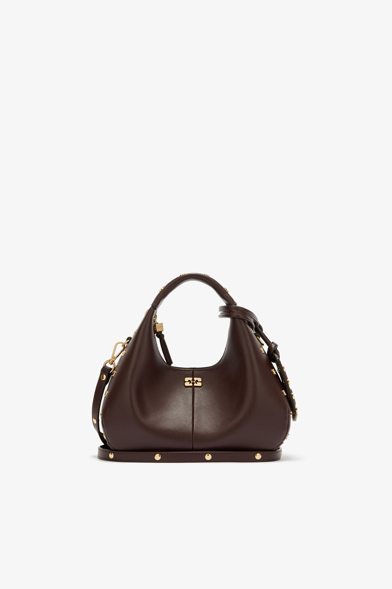 Mini Hobo Bag Studs in Brown, Recycled Leather, in colour Chicory Coffee - 1 - GANNI