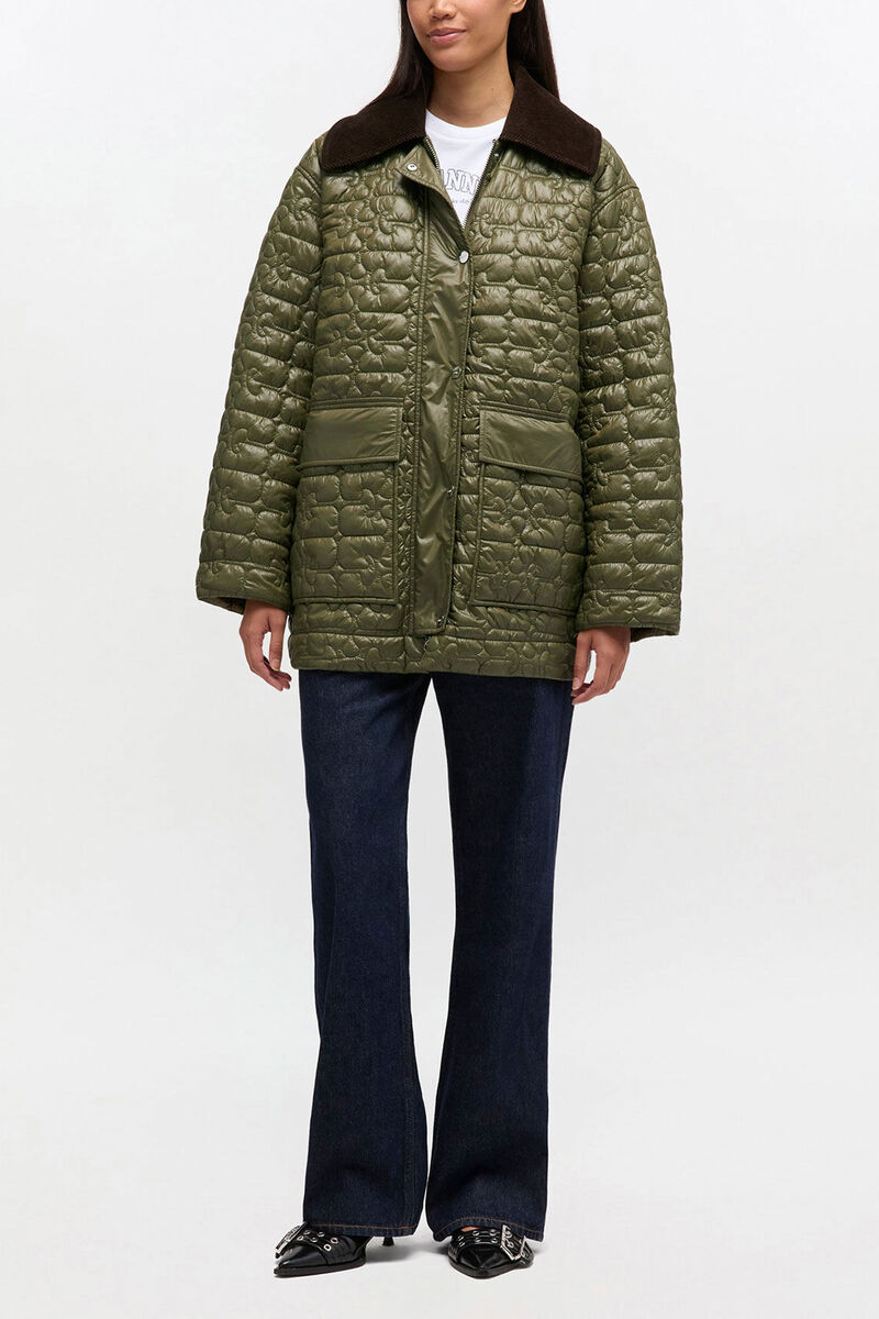 Gl&auml;nzende Midi-Steppjacke, Recycled Polyamide, in colour Kalamata - 1 - GANNI
