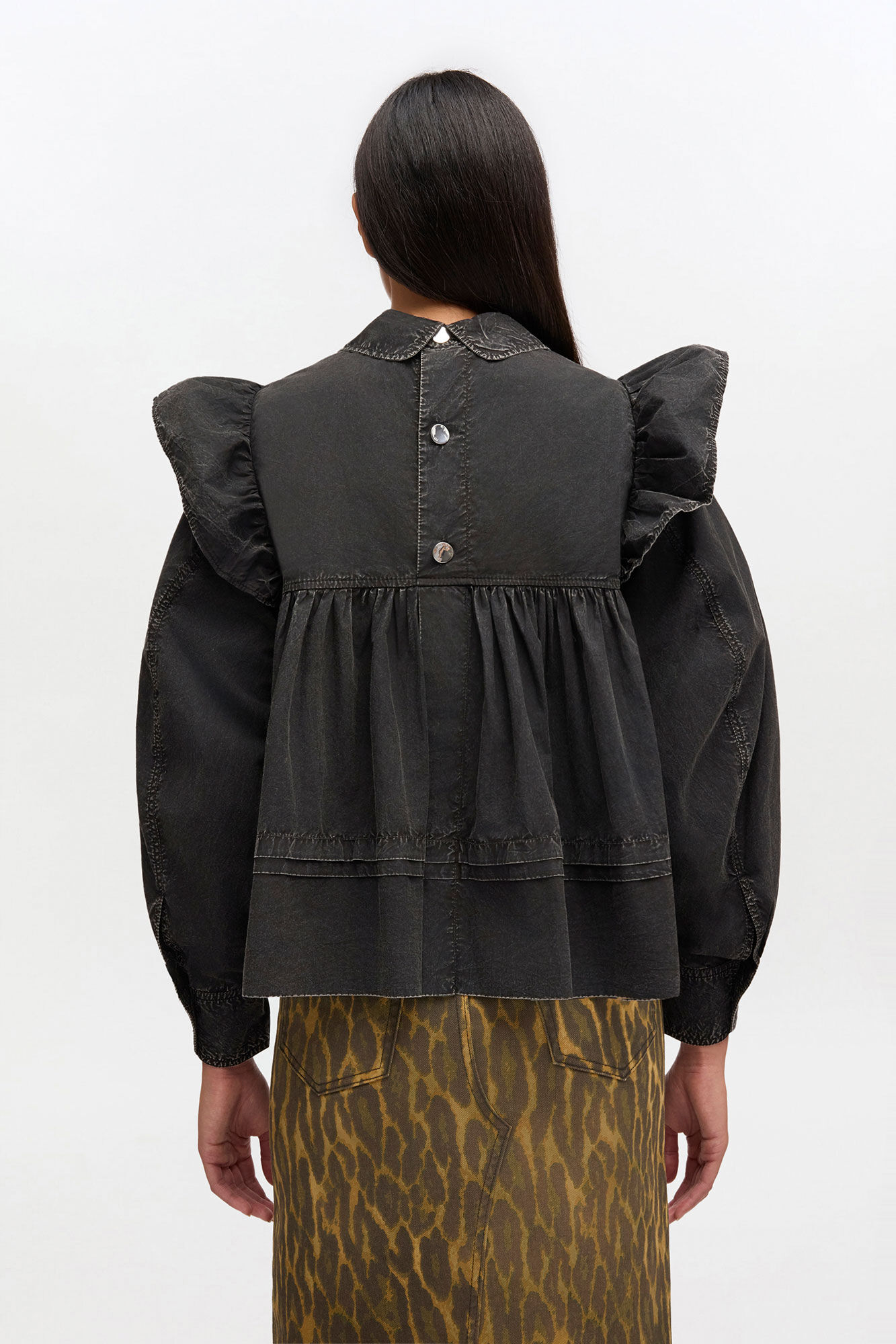 Black Washed Frill Blouse, Organic Cotton, in colour Black - 3 - GANNI