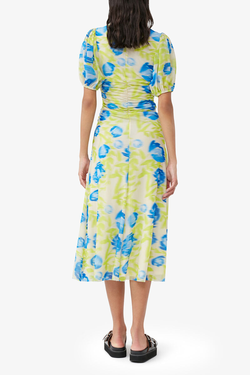 Printed Mesh Puff Sleeve Midi Dress, Recycled Nylon, in colour Strong Blue - 2 - GANNI