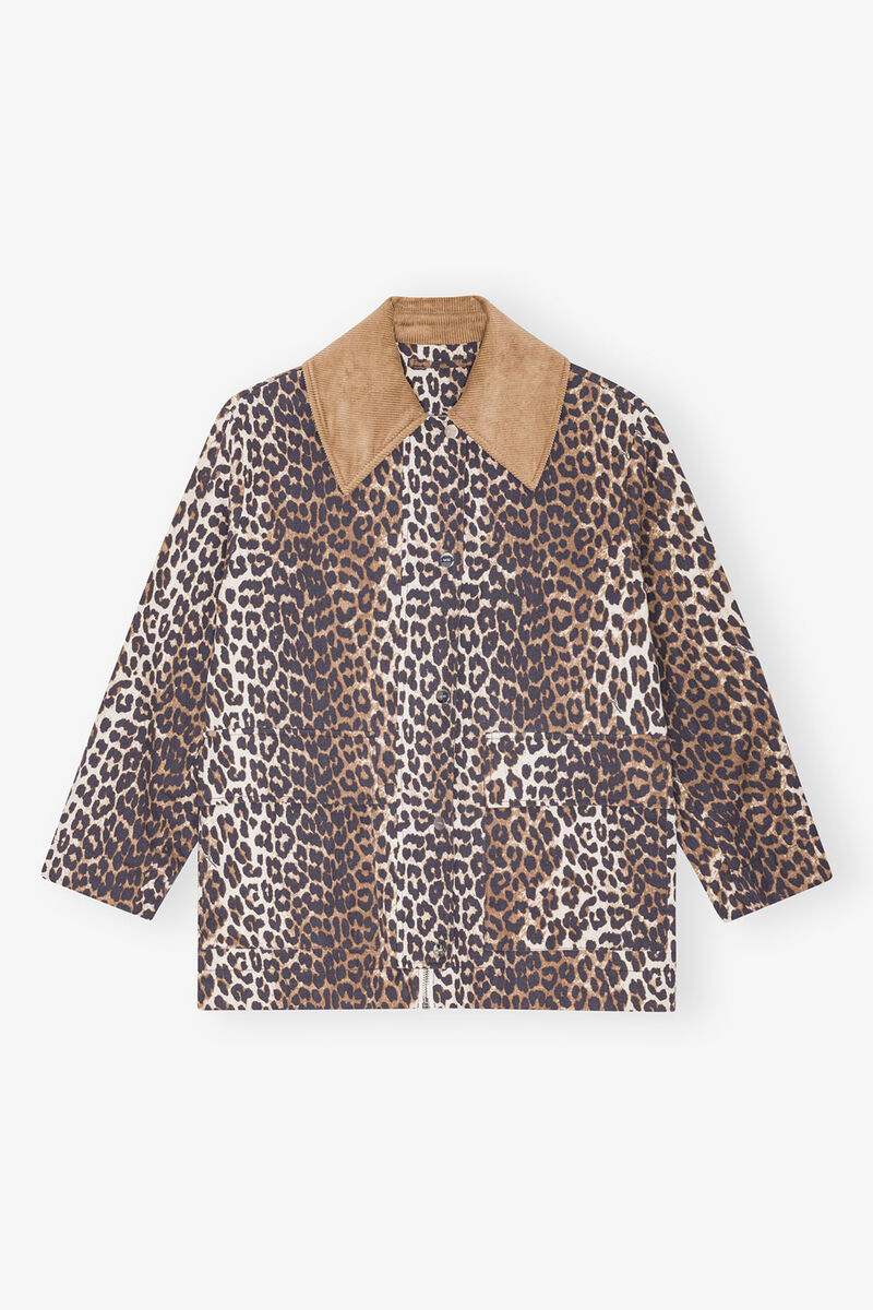 Leopard Printed Canvas Midi Jacket, Organic Cotton, in colour Almond Milk - 1 - GANNI