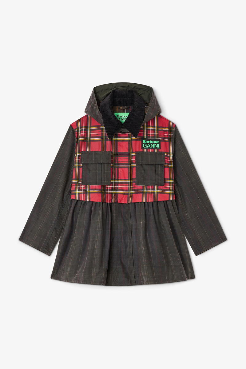 Peplum Wax Jacket in Tartan, Cotton, in colour Dark Green - 1 - GANNI