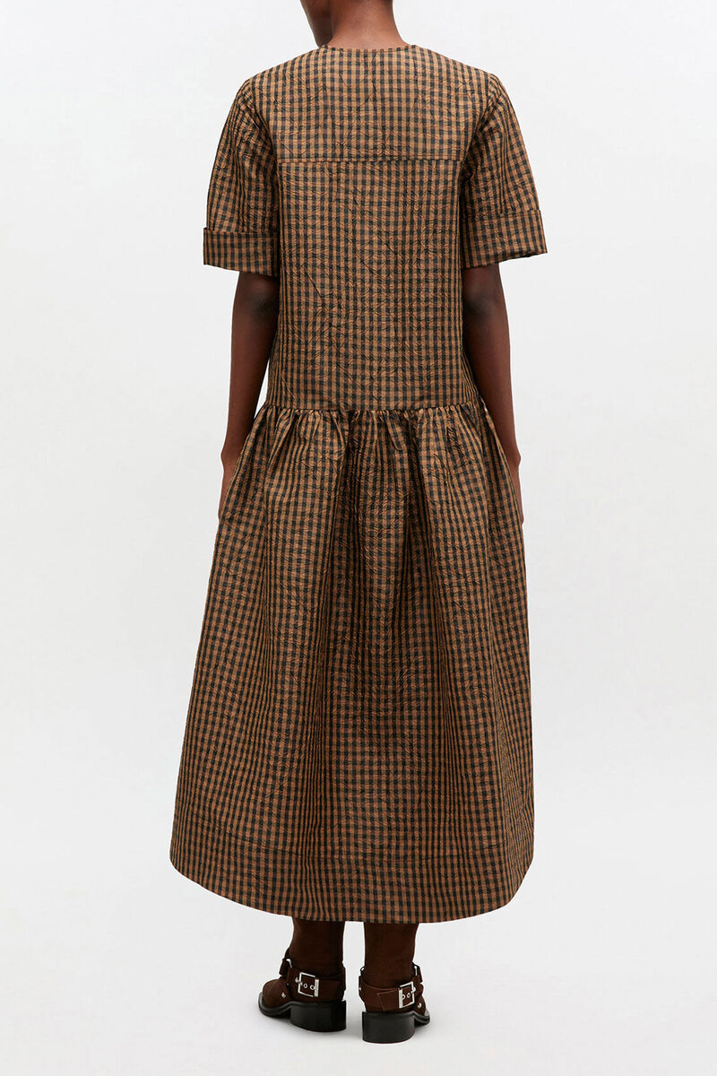 Crinkled Check Long Dress, Recycled Polyester, in colour Tobacco Brown - 2 - GANNI