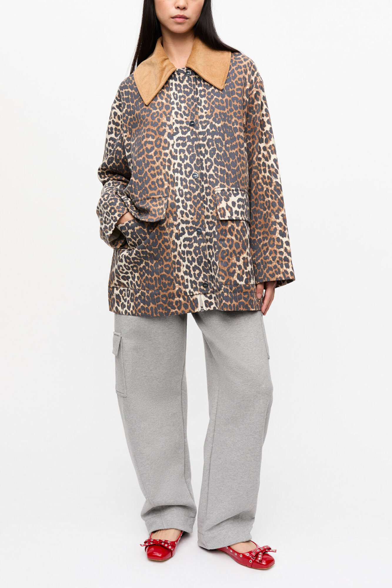 Leopard Printed Canvas Midi Jacket, Organic Cotton, in colour Almond Milk - 2 - GANNI