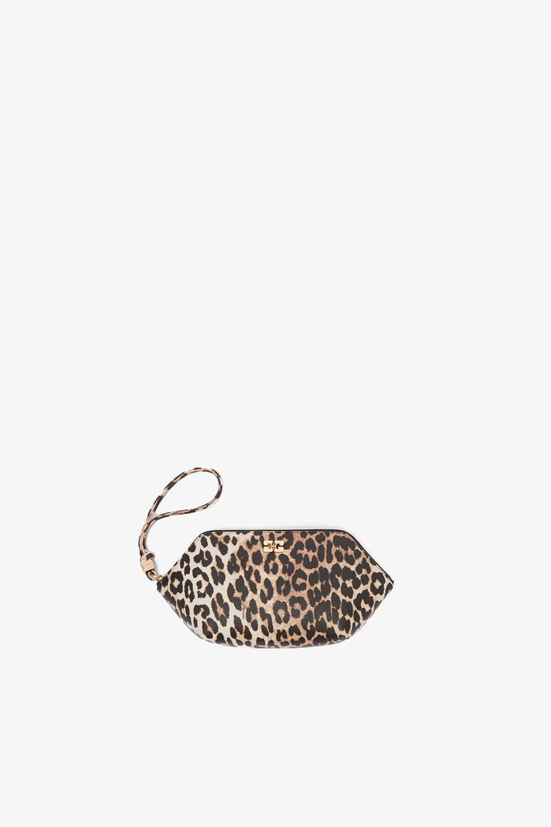 Bou Make Up Pouch in Grained Leopard, Recycled Polyester, in colour Almond Milk - 1 - GANNI