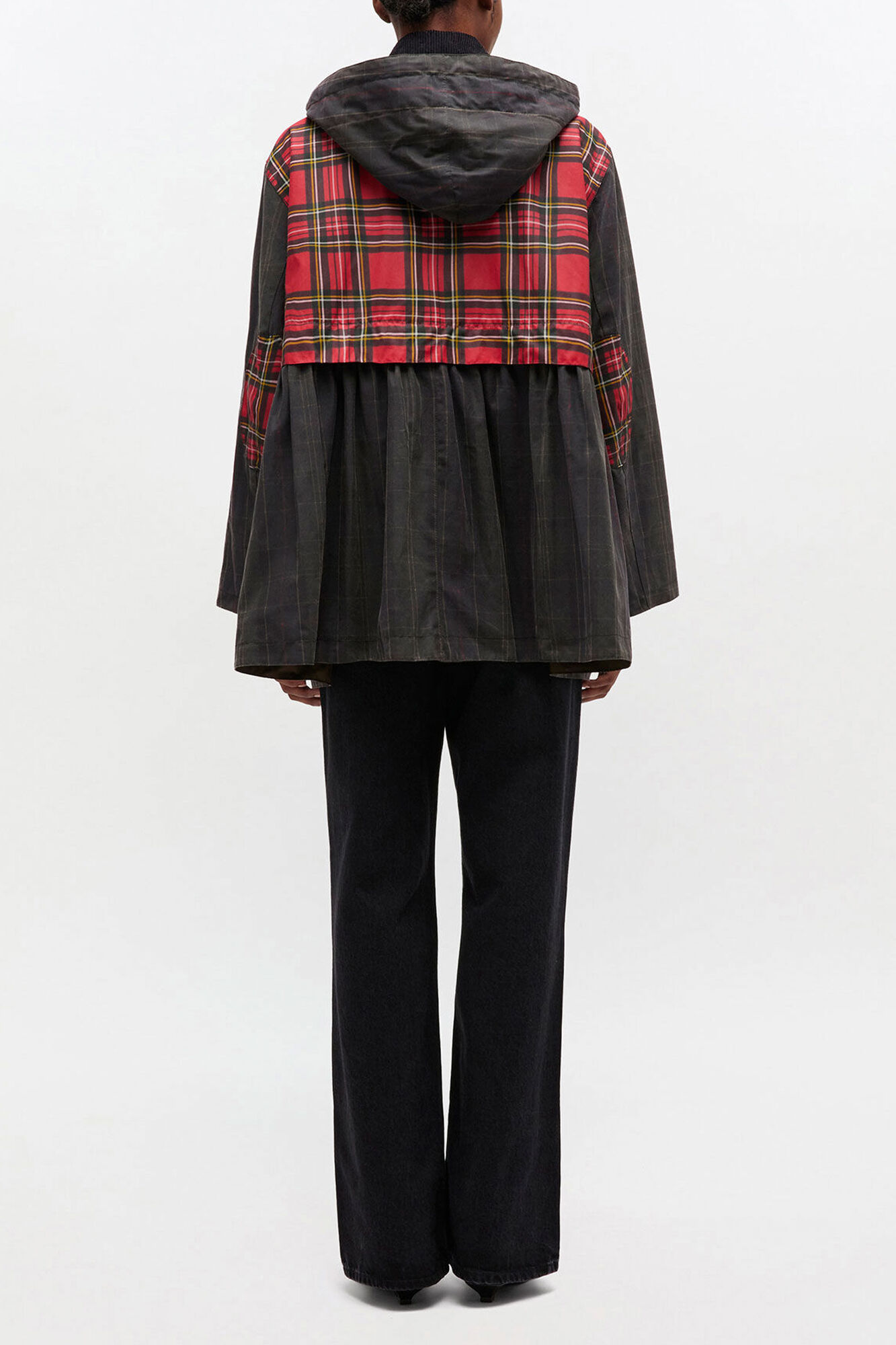 Peplum Wax Jacket in Tartan, Cotton, in colour Dark Green - 2 - GANNI