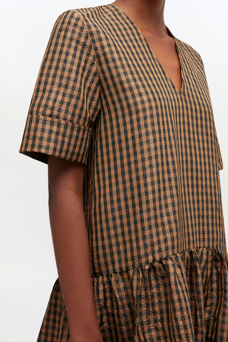 Crinkled Check Long Dress, Recycled Polyester, in colour Tobacco Brown - 3 - GANNI