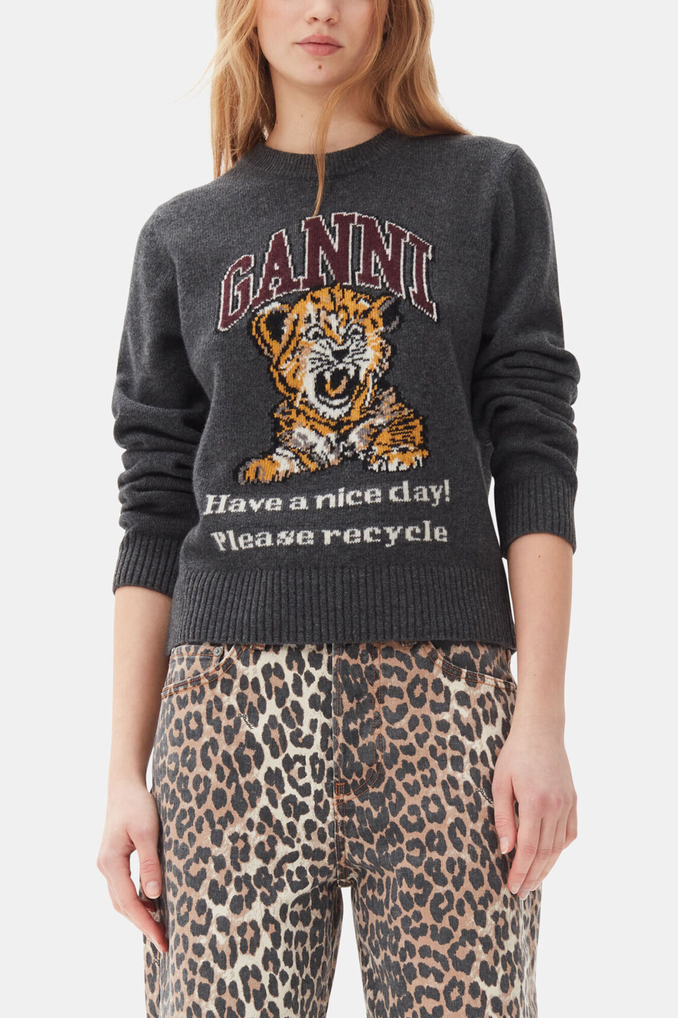 Dark Grey Graphic Tiger Jumper, Polyamide, in colour Gray Quill - 1 - GANNI