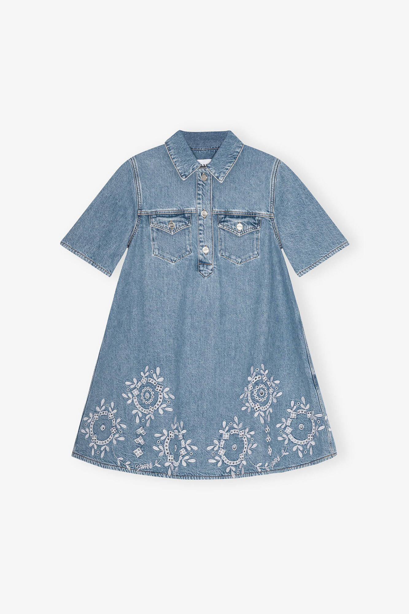 Broderie Anglaise Mini Dress, Organic Cotton, in colour Light Blue Stone - 1 - GANNI