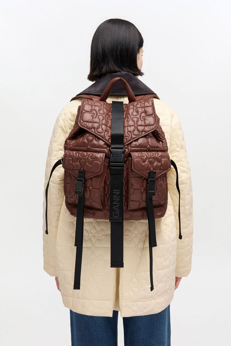 Quilted Re-Tech Backpack, Recycled Polyamide, in colour Chicory Coffee - 1 - GANNI