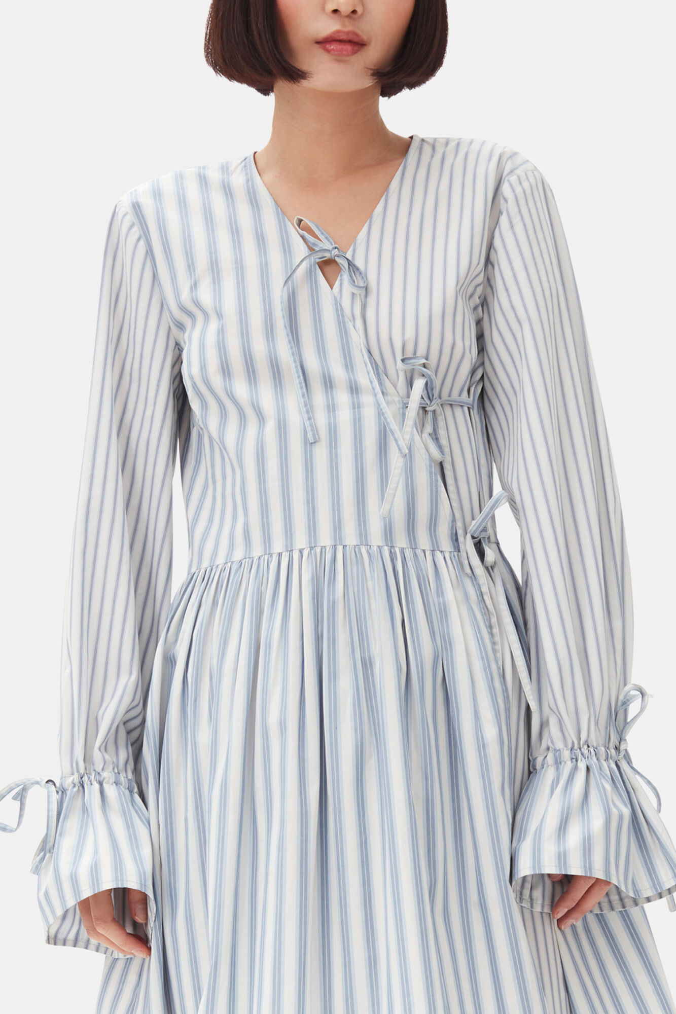 Blue Stripe Cotton Mini Wrap Dress, Organic Cotton, in colour Egret - 2 - GANNI