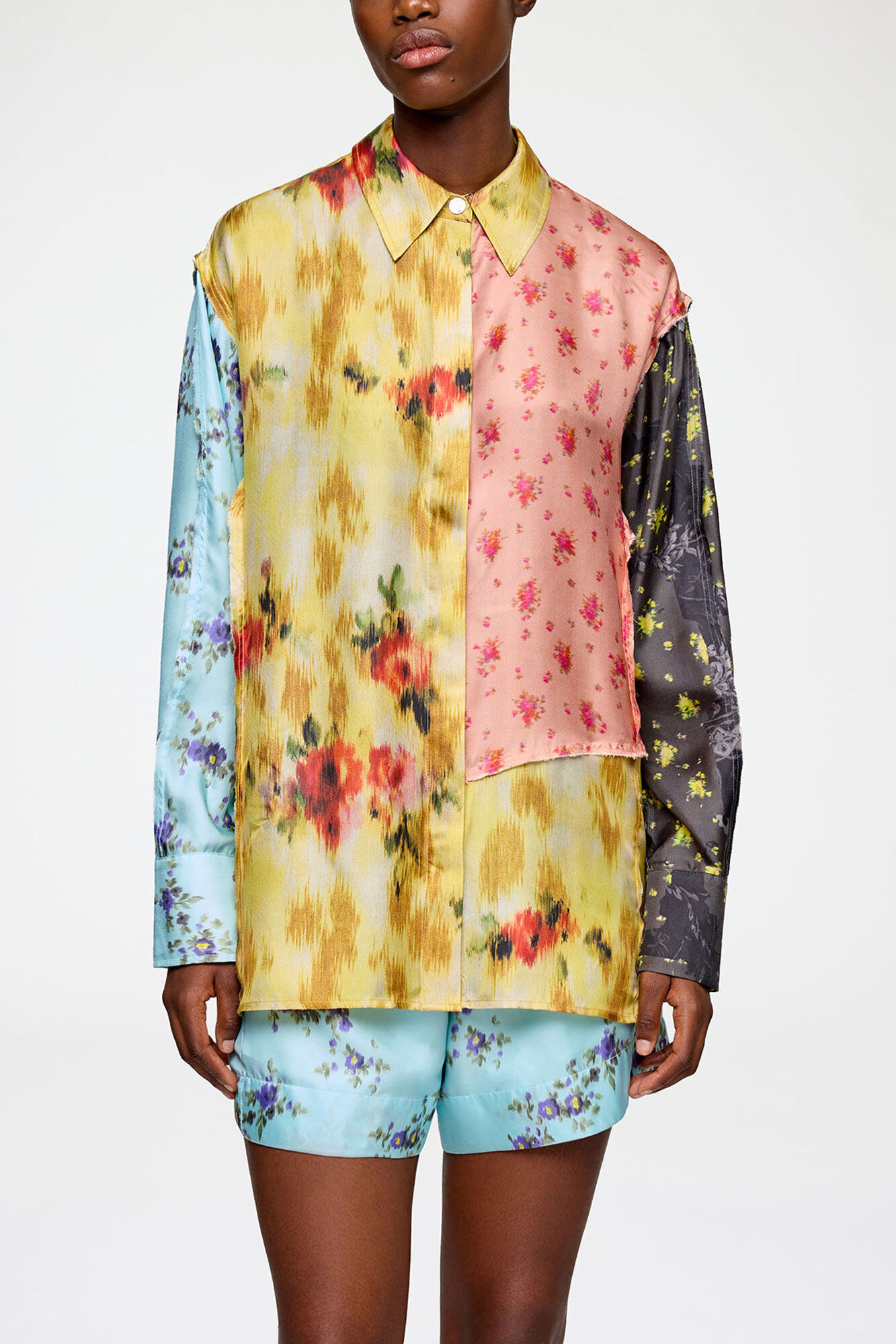 Shirt in Multi Printed Silk, Organic Wool, in colour Iced Aqua - 1 - GANNI