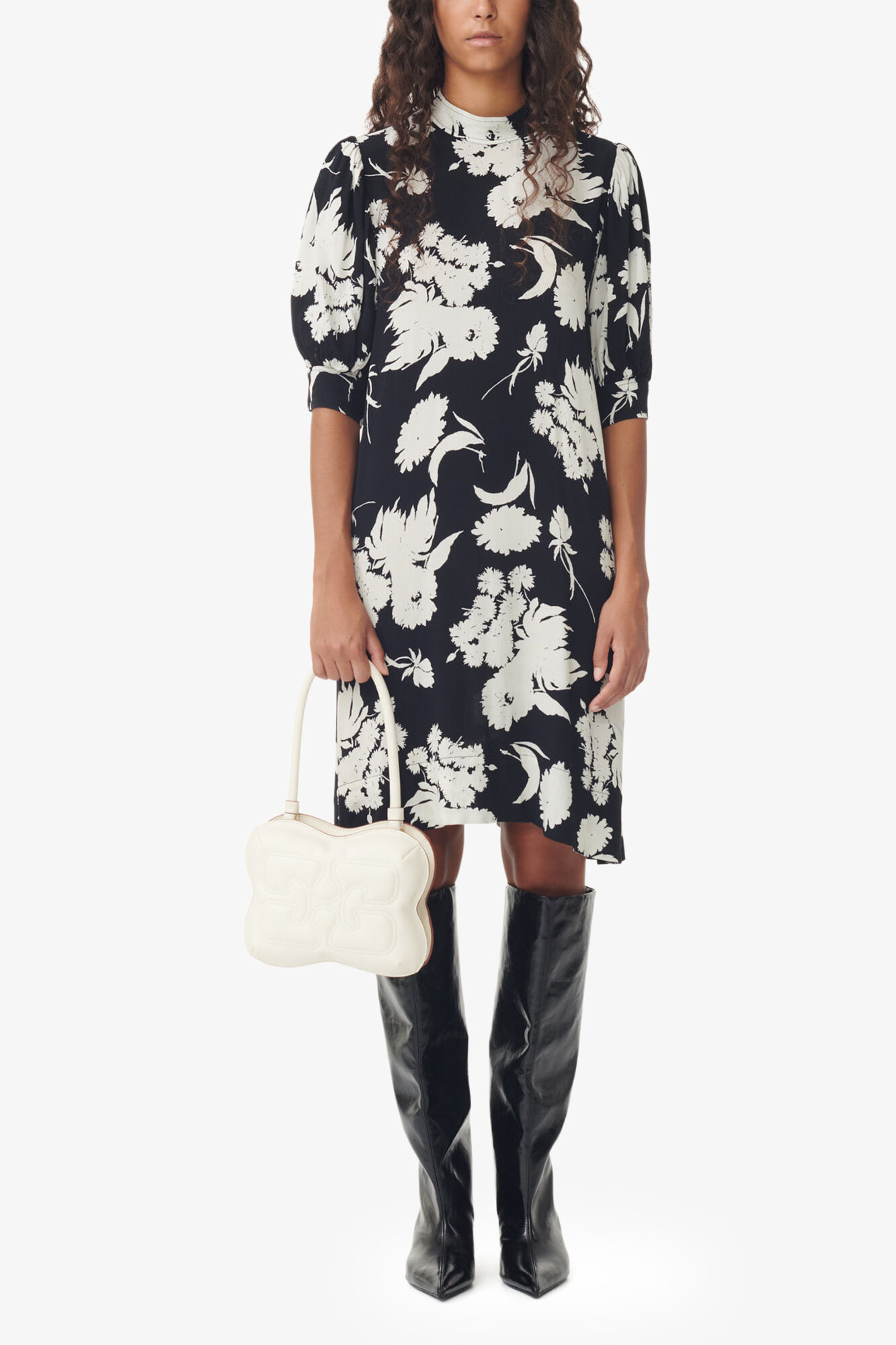 Printed Crepe Mini Dress, LENZING&trade; ECOVERO&trade;, in colour Black - 1 - GANNI