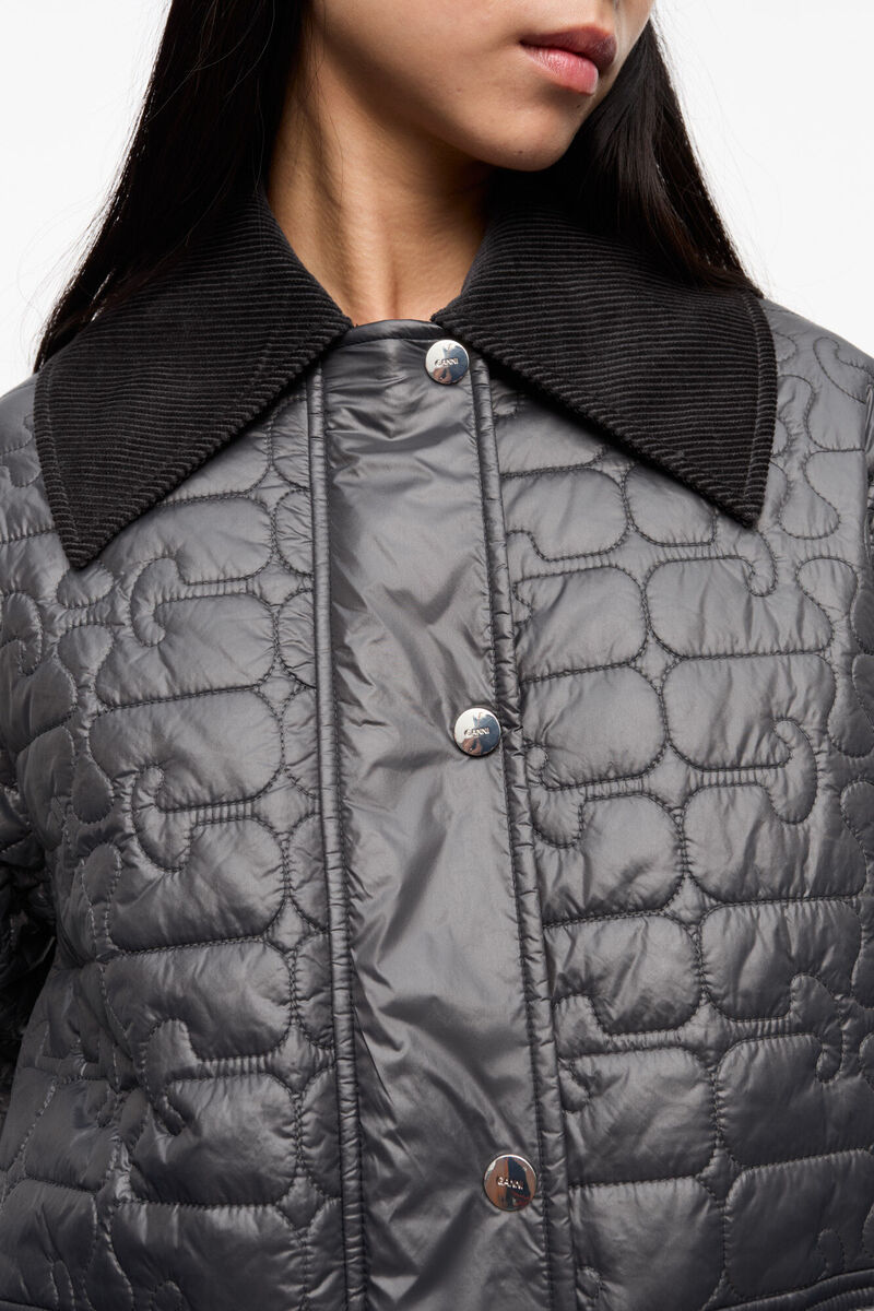 Veste midi matelass&eacute;e noir brillant, Recycled Nylon, in colour Phantom - 4 - GANNI