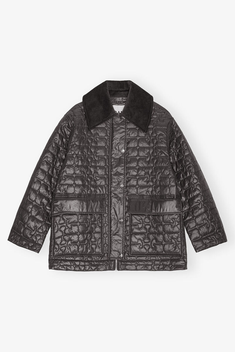 Veste midi matelass&eacute;e noir brillant, Recycled Nylon, in colour Phantom - 1 - GANNI