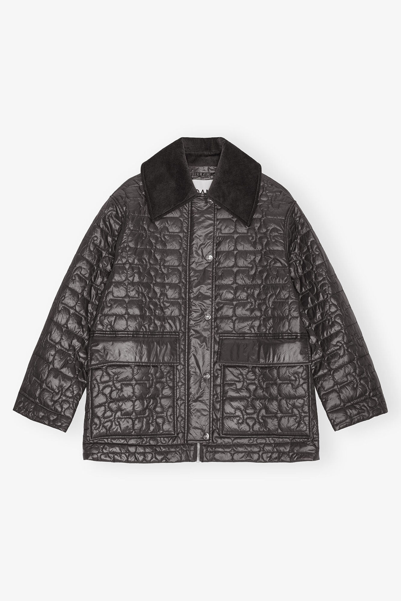 Veste midi matelass&eacute;e noir brillant, Recycled Nylon, in colour Phantom - 1 - GANNI