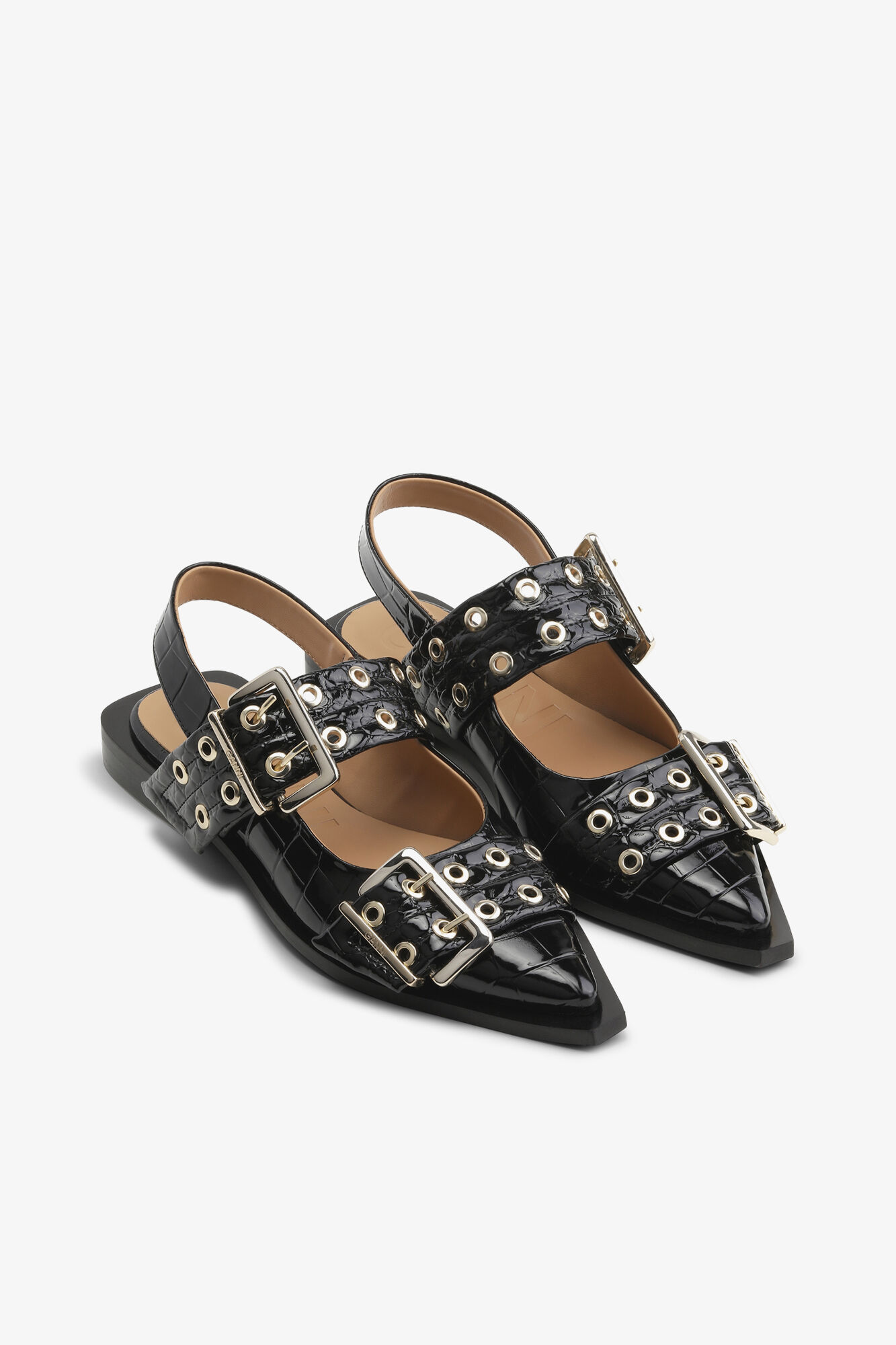Feminine Buckle Ballerinas in Black Croco Patent, Recycled Leather, in colour Black - 2 - GANNI