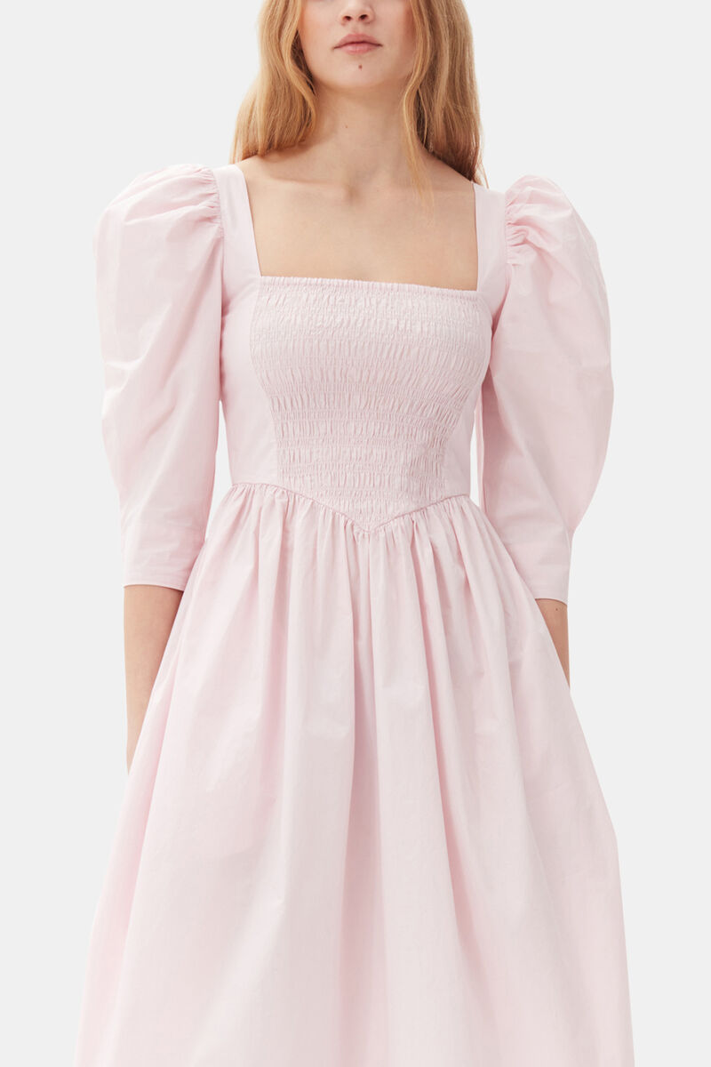 Pink Cotton Poplin Open Neck Smock Dress, Organic Cotton, in colour Chalk Pink - 2 - GANNI