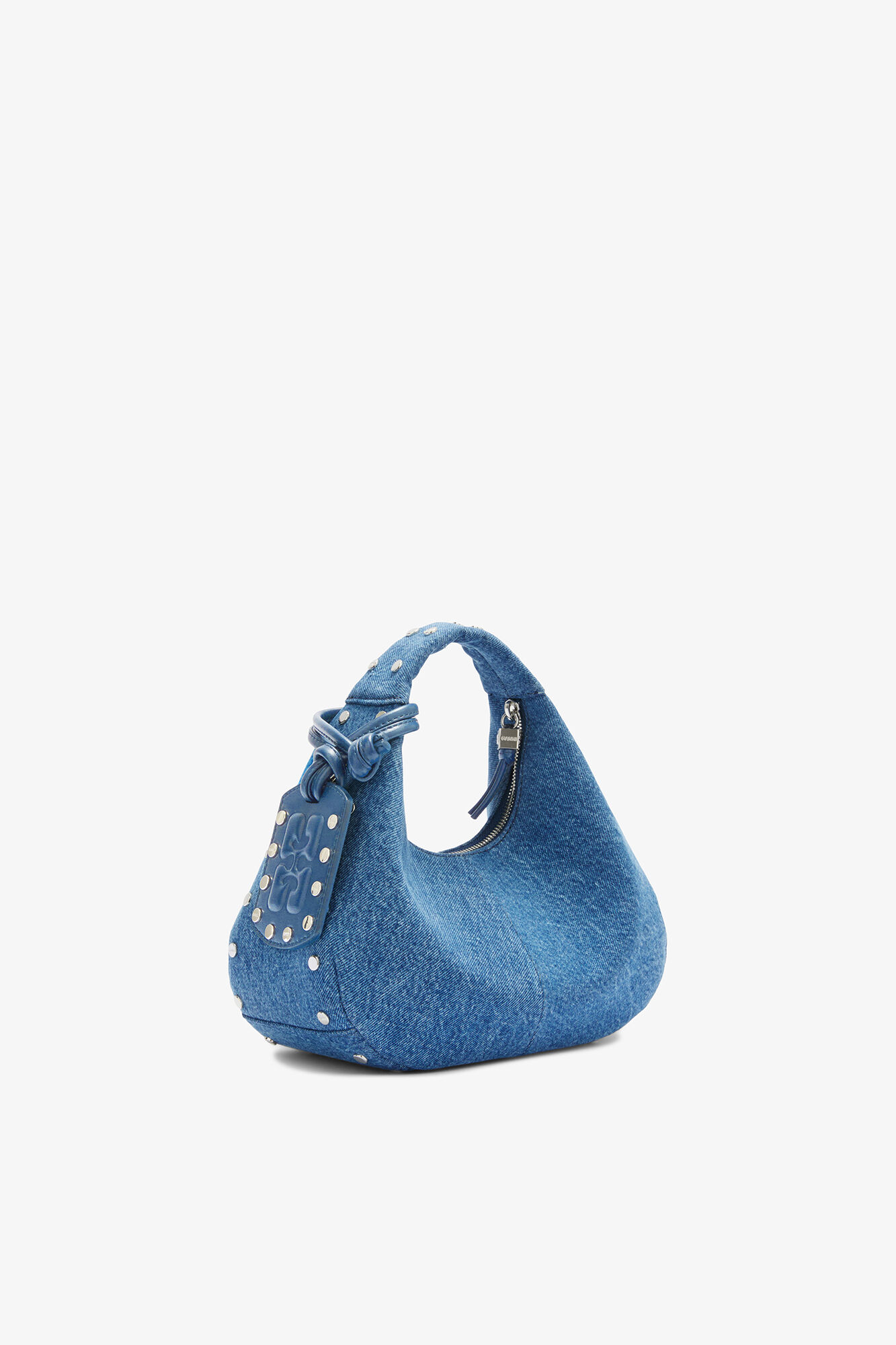 Mini Hobo Bag with Studs in Denim, Organic Cotton, in colour Mid Blue Vintage - 2 - GANNI