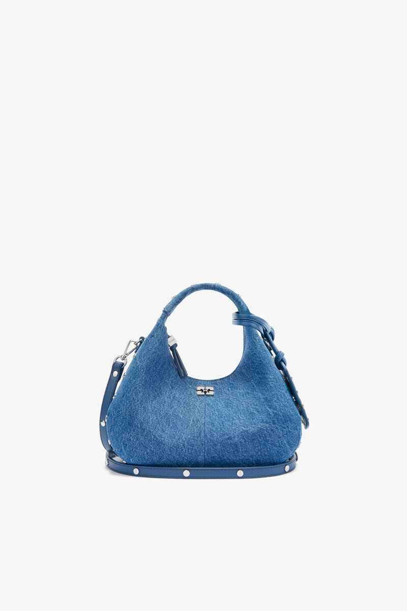 Mini Hobo Bag with Studs in Denim, Organic Cotton, in colour Mid Blue Vintage - 1 - GANNI