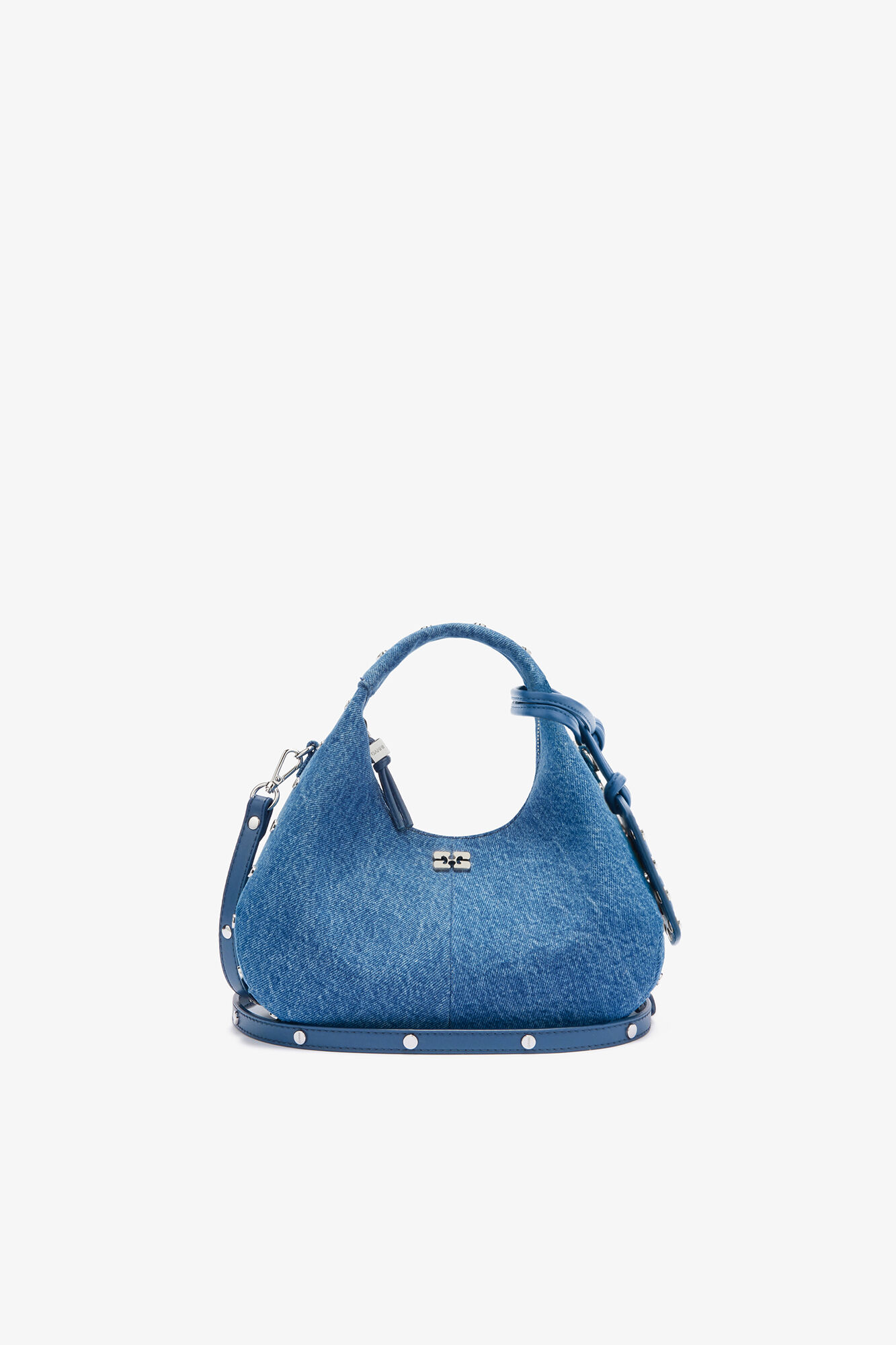 Mini Hobo Bag with Studs in Denim, Organic Cotton, in colour Mid Blue Vintage - 1 - GANNI