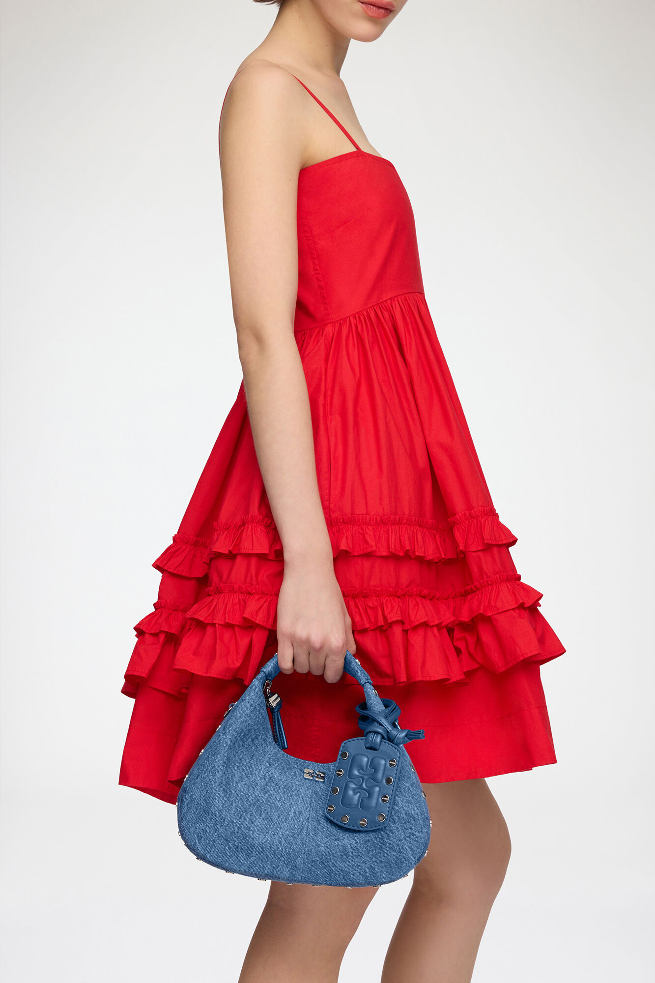 Mini Hobo Bag with Studs in Denim, Organic Cotton, in colour Mid Blue Vintage - 1 - GANNI