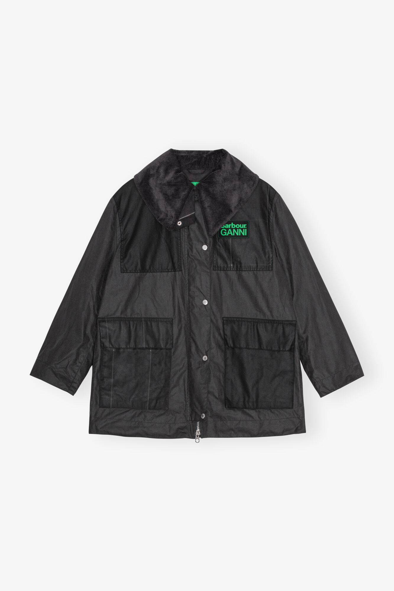 GANNI x Barbour Waxed Duffle Coat, Organic Cotton, in colour Phantom - 1 - GANNI