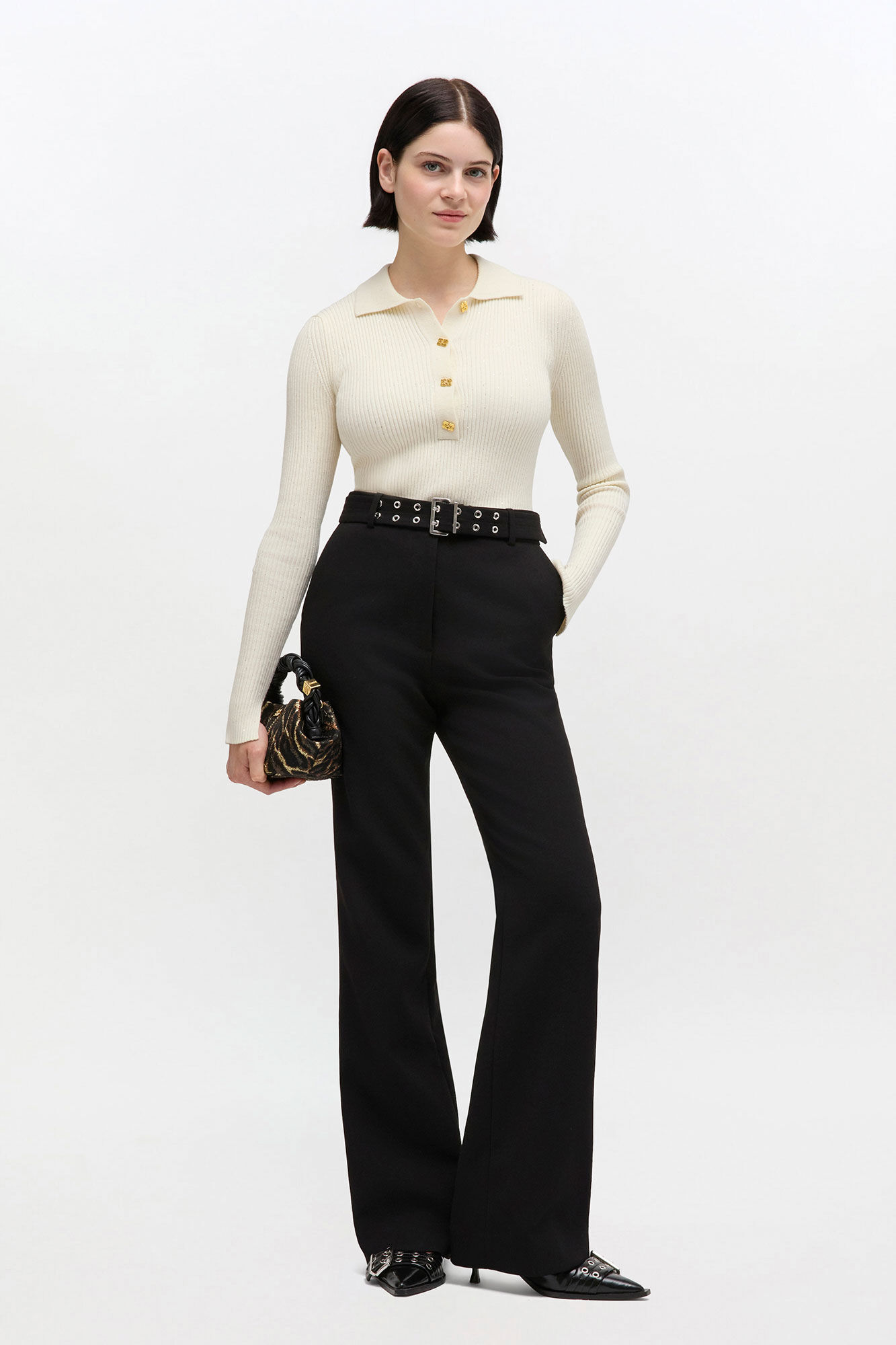 Belted Pants in Black, Recycled Polyester, in colour Black - 1 - GANNI