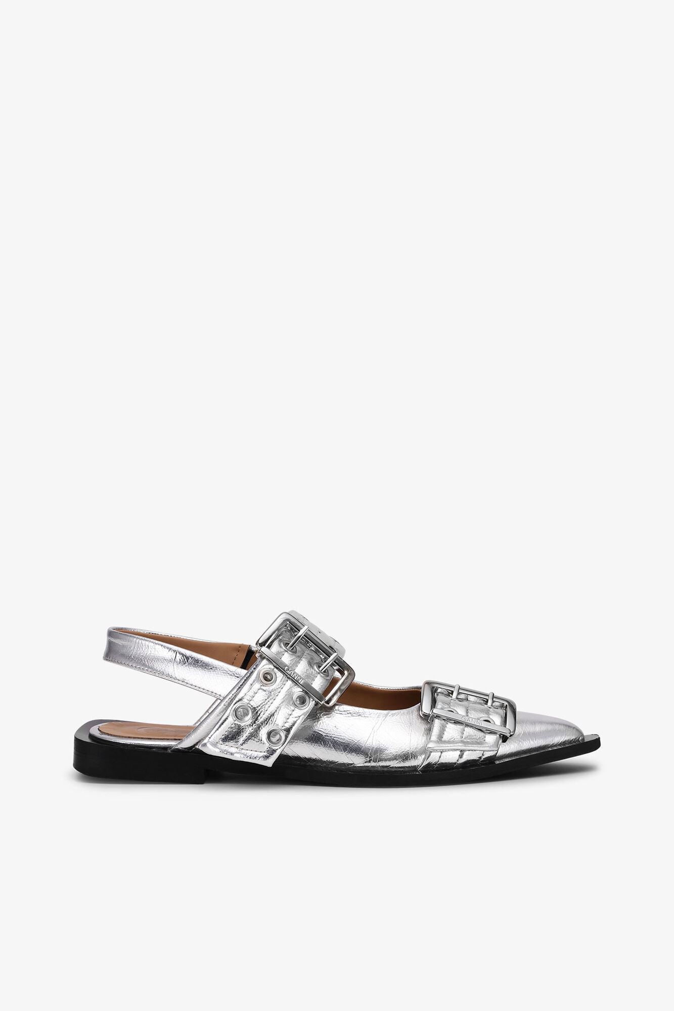 Feminine Buckle Ballerinas in Silver, Recycled Polyester, in colour Silver - 1 - GANNI