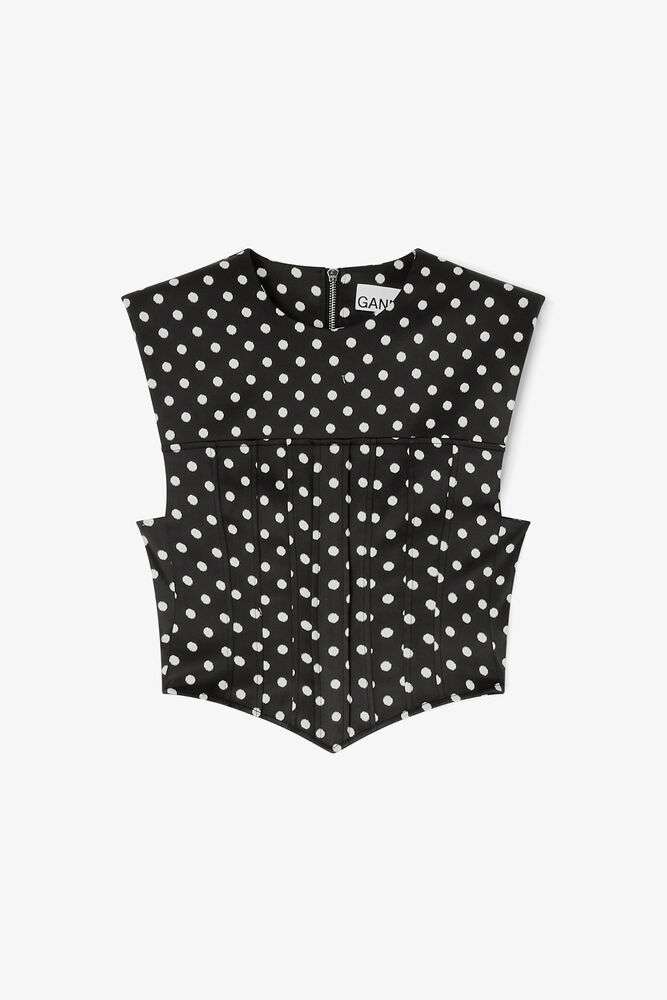 Polka-Dot Satin Corset Top, Black
