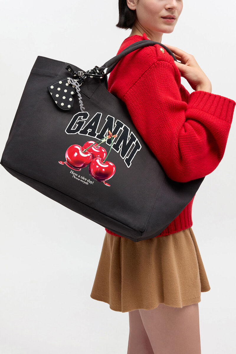 Black Medium Cherry Tote, Recycled Cotton, in colour Phantom - 1 - GANNI