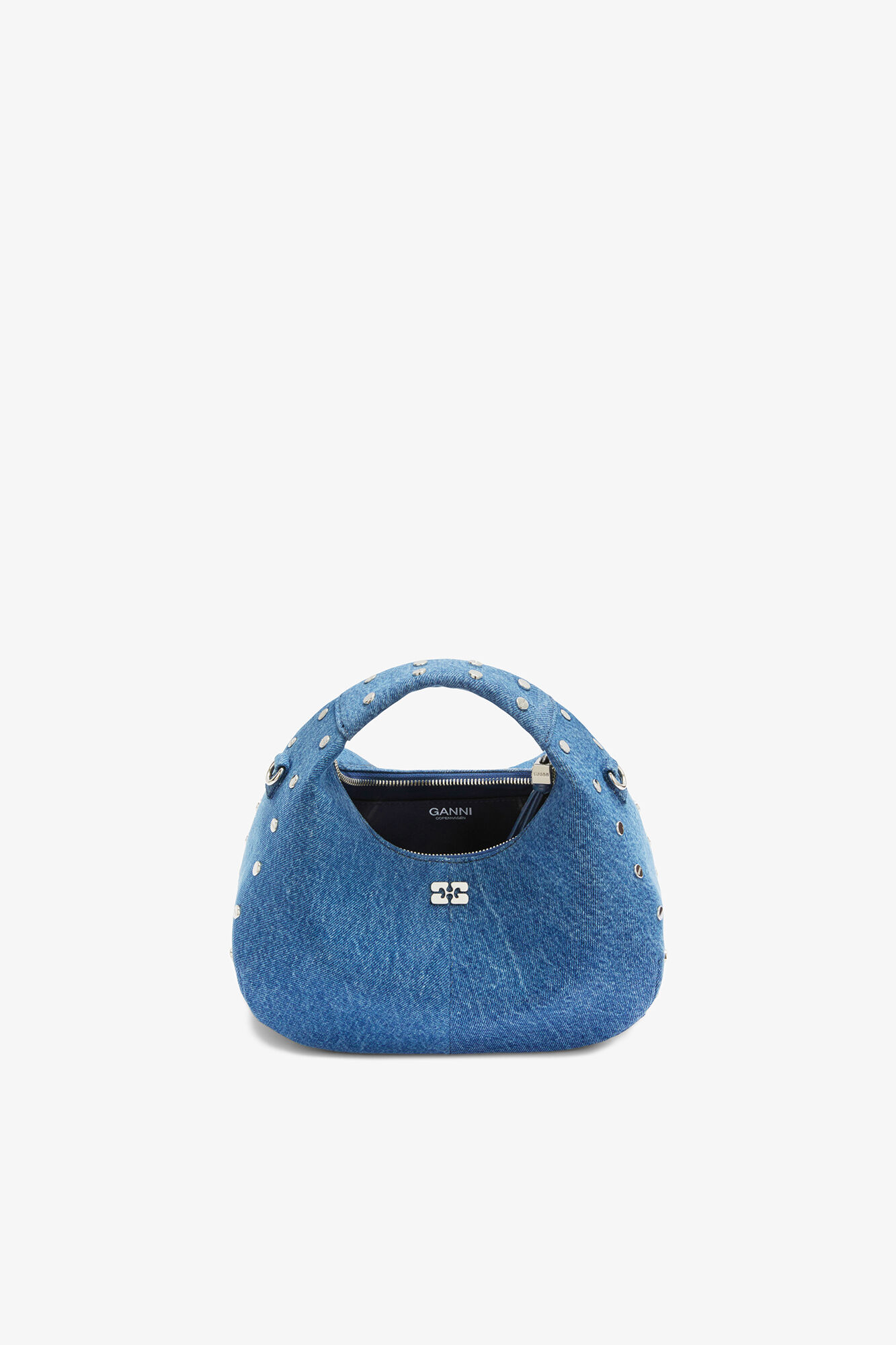 Mini Hobo Bag with Studs in Denim, Organic Cotton, in colour Mid Blue Vintage - 3 - GANNI