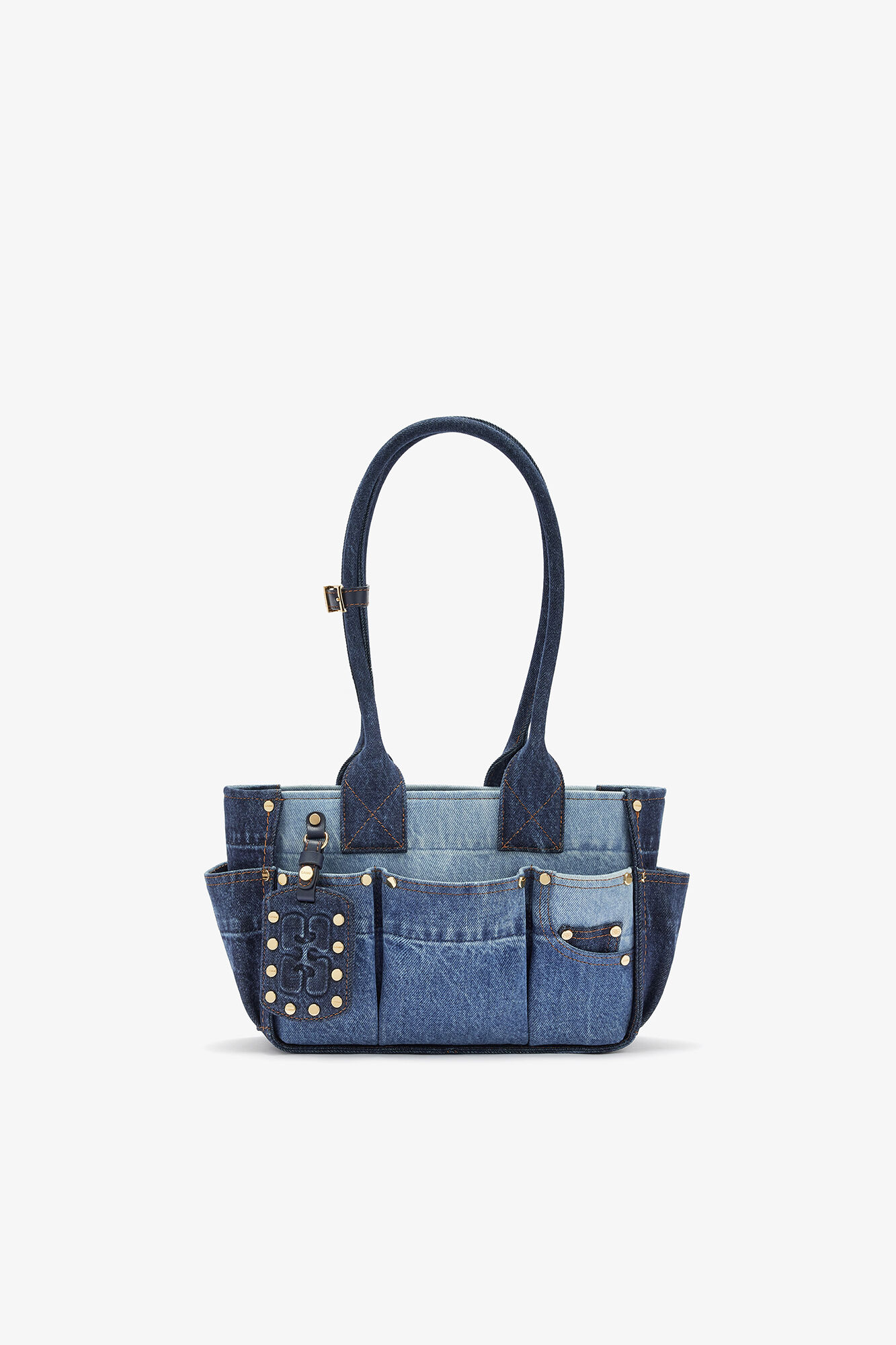 Liten Posy-veske i bl&aring; denim, Organic Cotton, in colour Mid Blue Vintage - 1 - GANNI