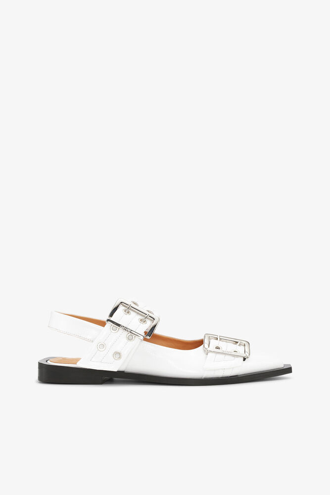 White Wide Welt Buckle Ballerinas, Egret