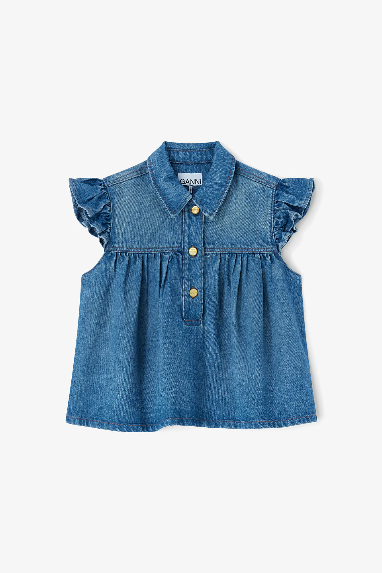 Denim Ruffle Top, Tencel, in colour Tint Wash - 1 - GANNI