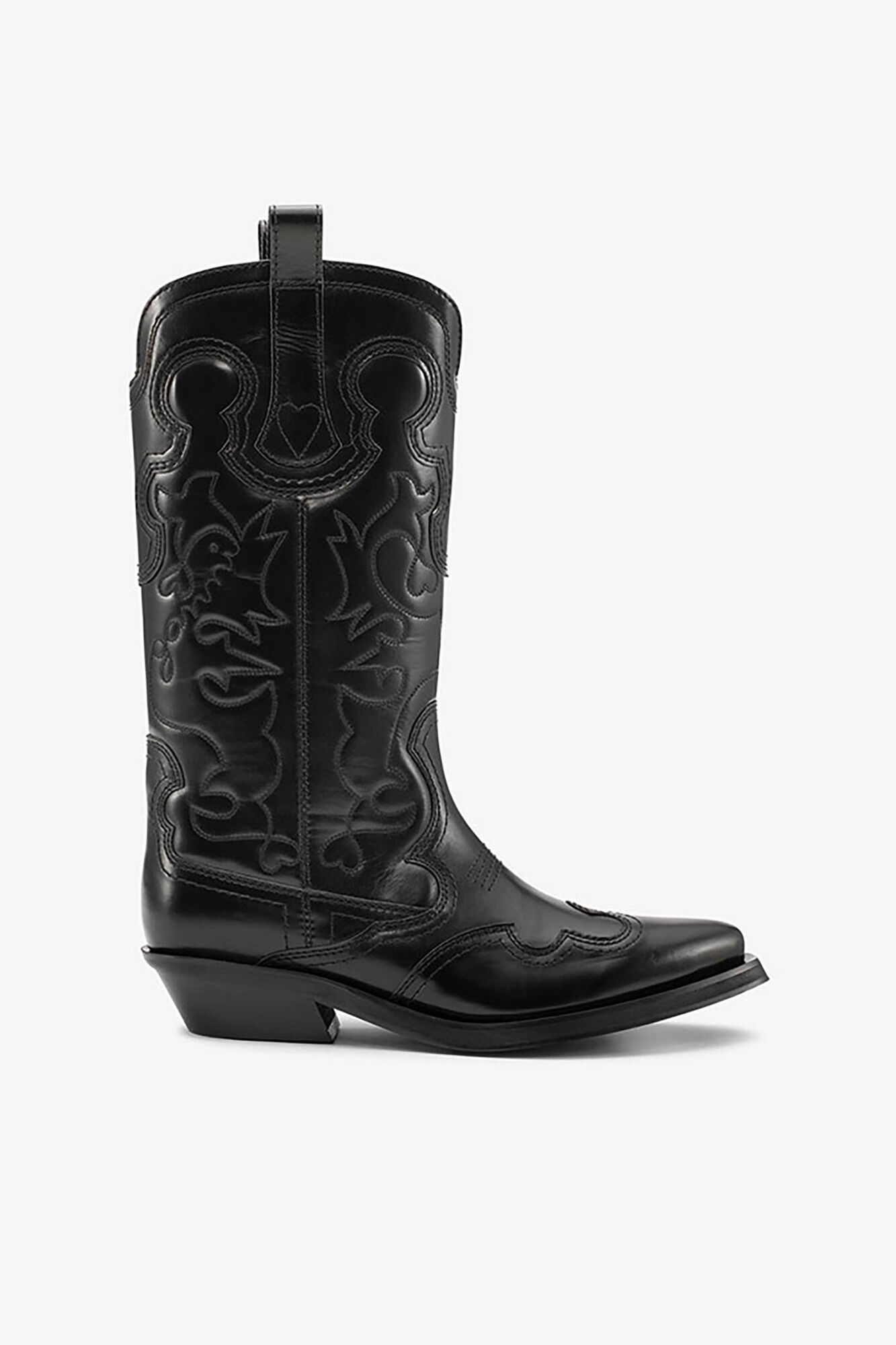 Westernst&oslash;vler med mellemskaft og broderi i sort, Recycled Leather, in colour Black/Black - 1 - GANNI