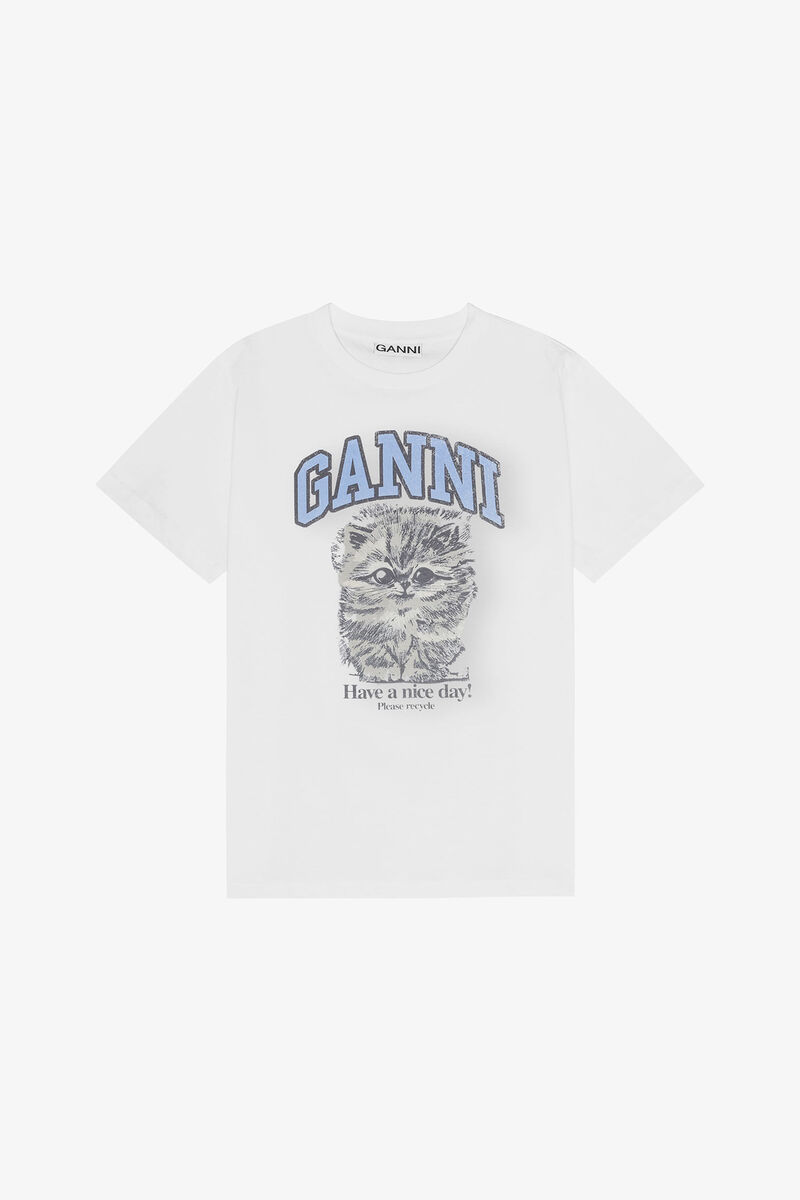 White Relaxed Jersey Kitty T-shirt, Organic Cotton, in colour Bright White - 1 - GANNI