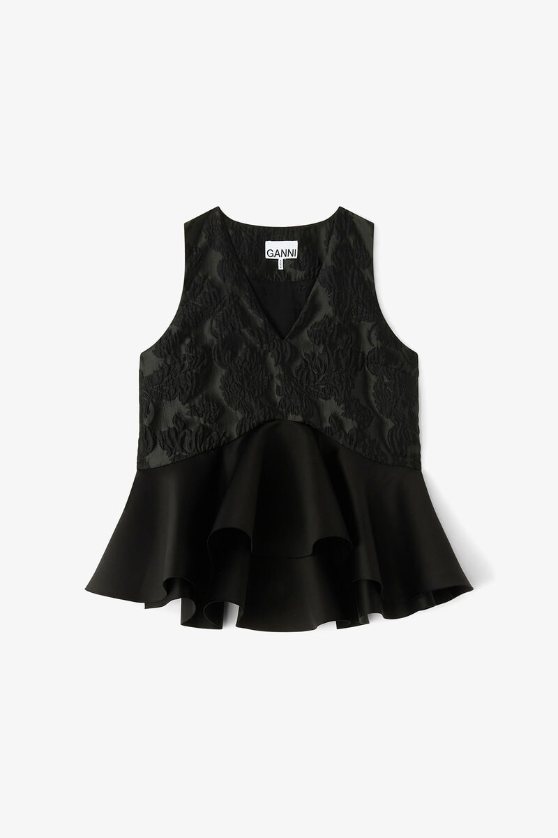 Satin-Cloqu&eacute;-Top mit Peplum, Recycled Polyester, in colour Black - 1 - GANNI