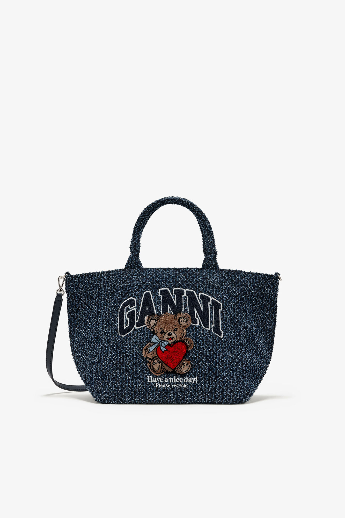 Tweed Denim Small Bear Tote, Organic Cotton, in colour Rinse - 1 - GANNI