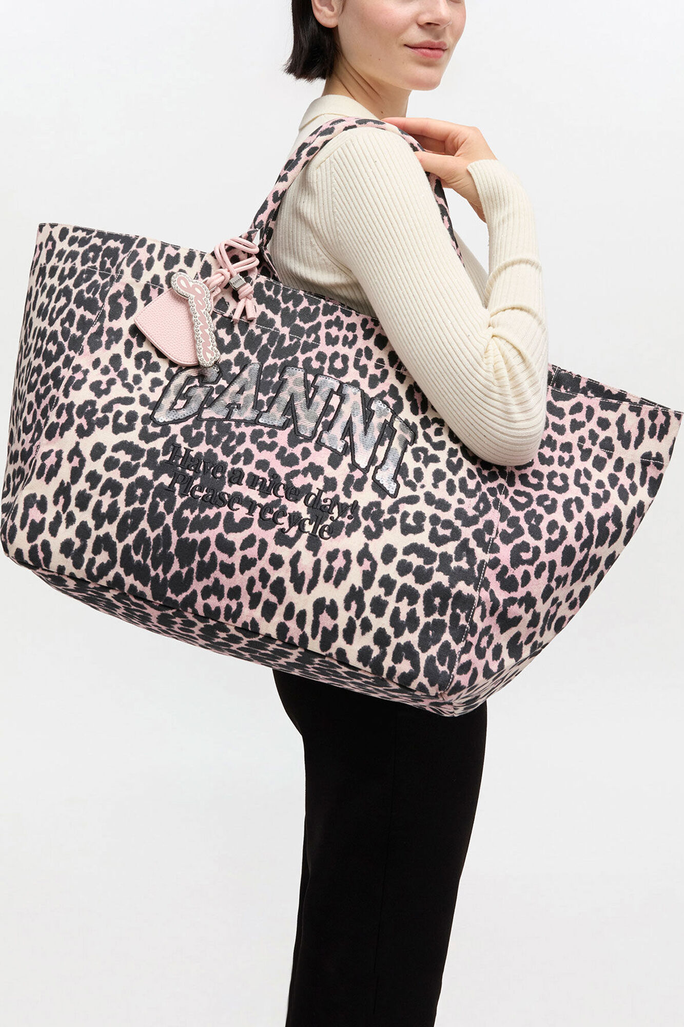 Leopard Sequin XXL Tote, Recycled Cotton, in colour Bleached Mauve - 1 - GANNI