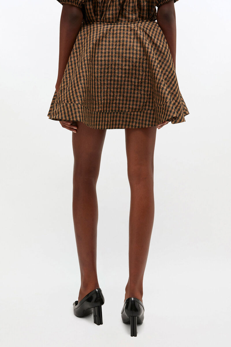 Crinkled Check Mini Circle Skirt, Recycled Polyester, in colour Tobacco Brown - 3 - GANNI