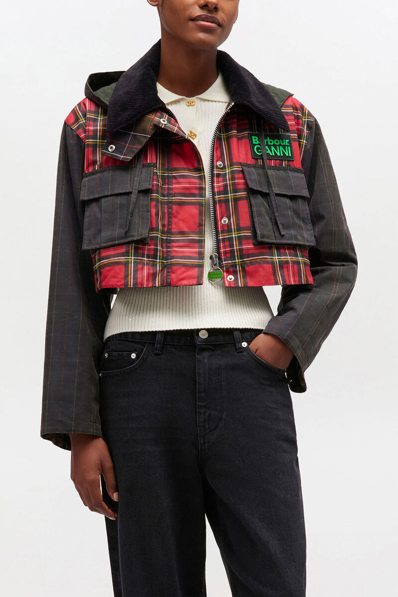 Peplum Wax Jacket in Tartan, Cotton, in colour Dark Green - 4 - GANNI
