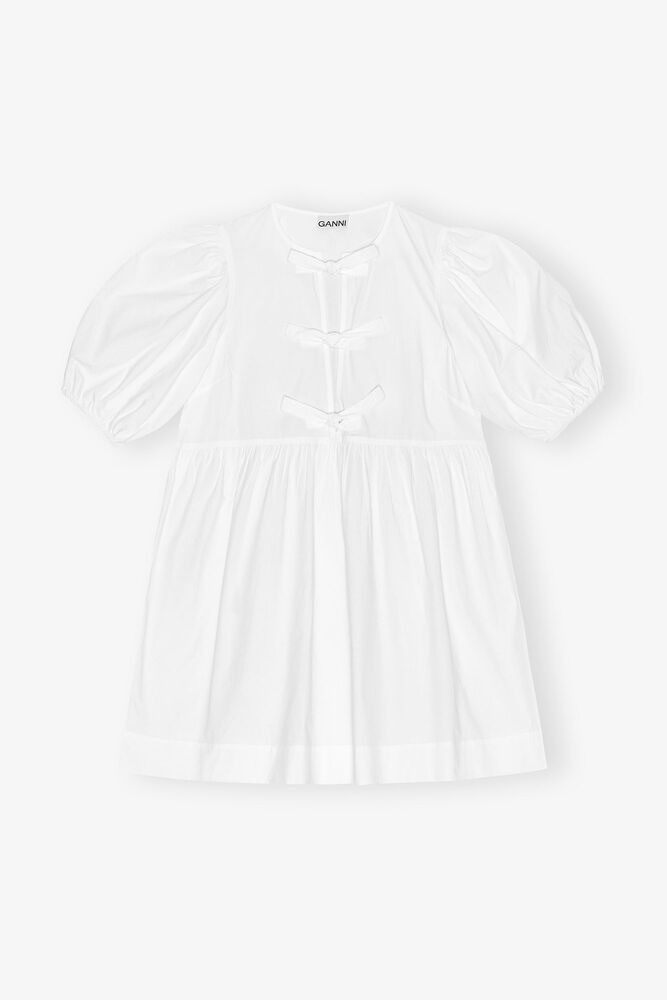 White Cotton Poplin Tie String Mini Dress, Bright White
