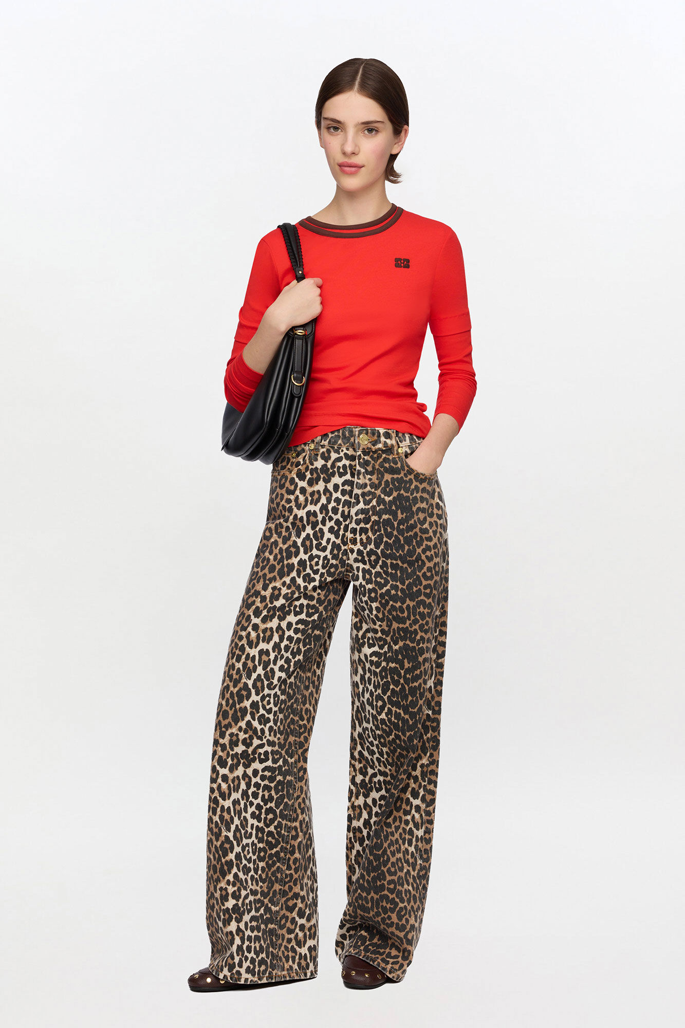 Long-sleeve Top in Red, Organic Cotton, in colour High Risk Red - 1 - GANNI