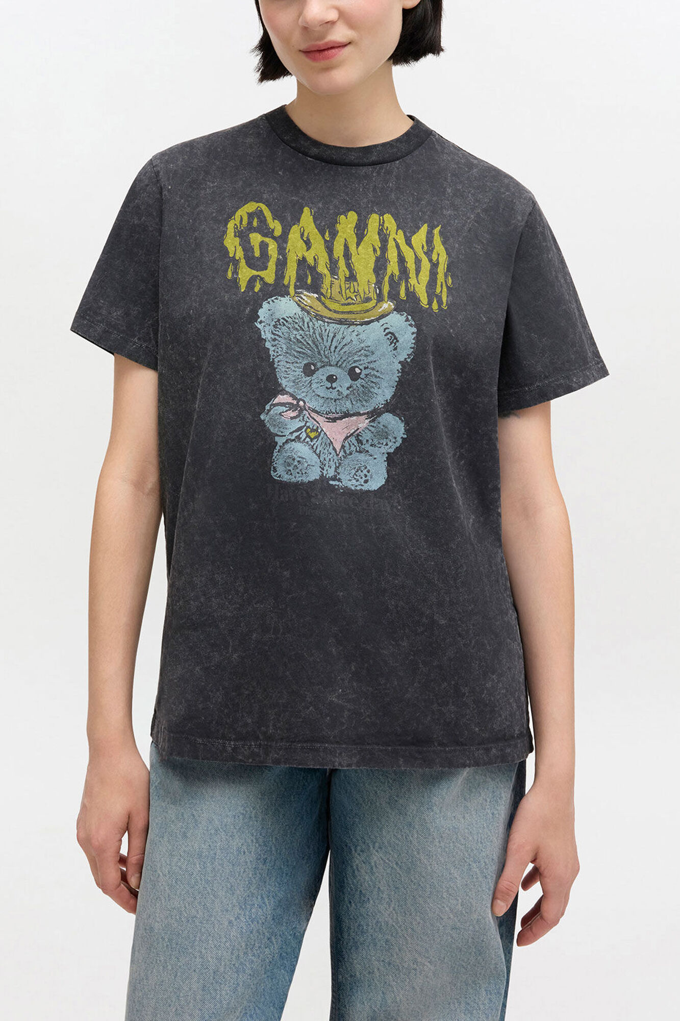 T-shirt d&eacute;lav&eacute; vintage, Recycled Cotton, in colour Black Washed - 1 - GANNI