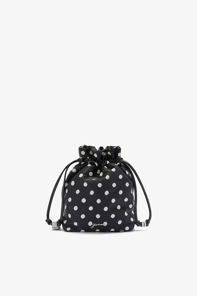Printed Bou Bucket Pouch with Dots, Black